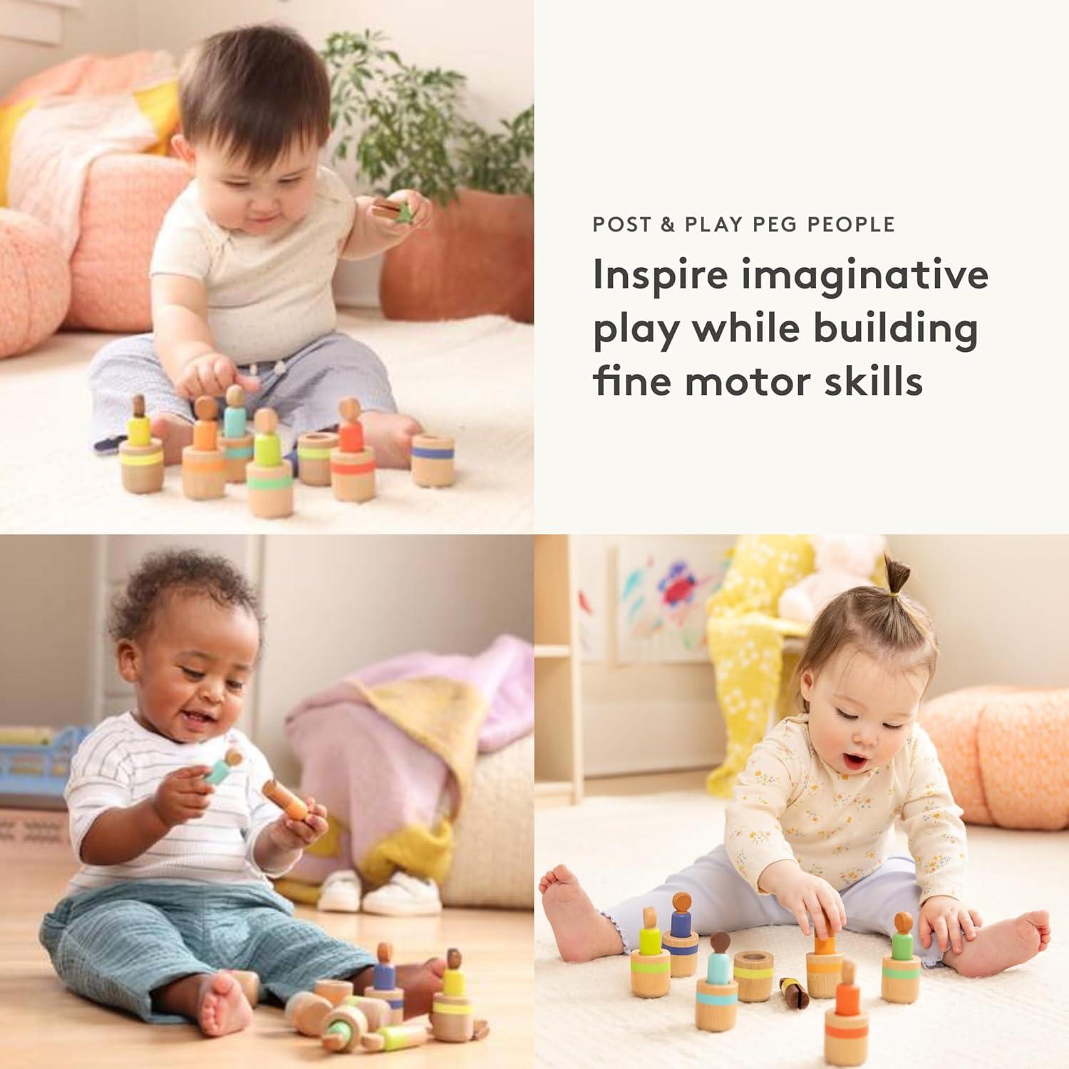 imageLovevery Post amp Play Peg People Baby Toy 7 Wooden Peg Doll Practice Color Matching Stacking and Balancing Ages 13 Months